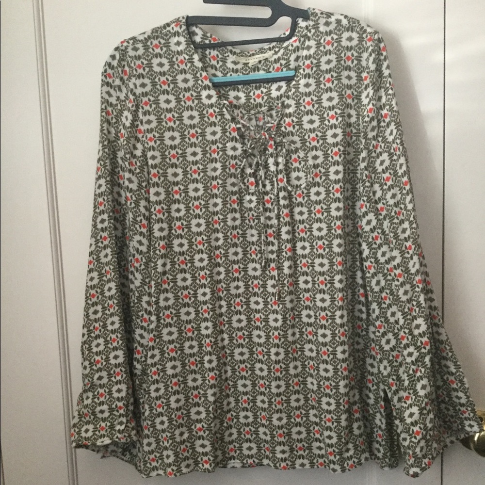 Patterned Bell Sleeve Lace-Up Blouse